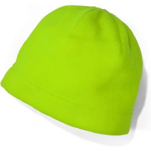 A bright green beanie made from soft fabric, featuring a rounded top and rolled brim, with a logo.