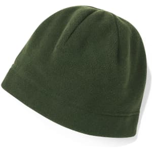 A green polar fleece beanie with a snug fit and a simple design, featuring a logo on the side.