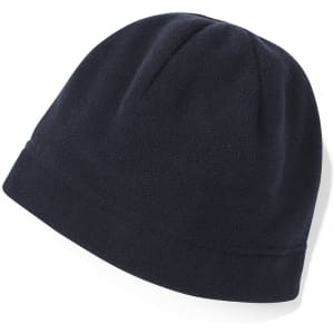 A navy blue polar beanie made from soft fleece material, featuring a simple design and a logo.