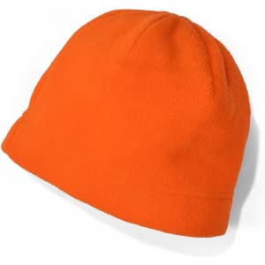 An orange fleece beanie with a rounded crown and a folded brim, featuring a logo.