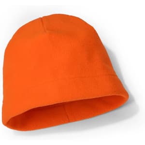 An orange polar beanie made from fleece material, featuring a branding logo.