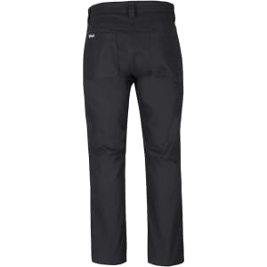 Black stretch canvas trousers with a fitted design and rear pockets. Features a logo on the waistband.