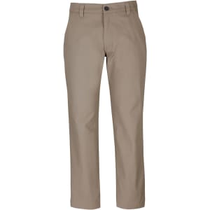 A pair of beige stretch canvas trousers with a button closure and front pockets. Features a logo on the waistband.