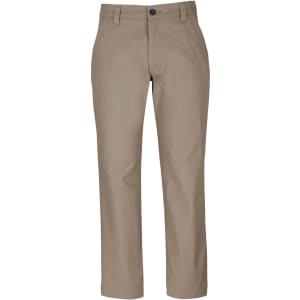 A pair of beige stretch canvas trousers with a button closure and front pockets. Features a branding logo.