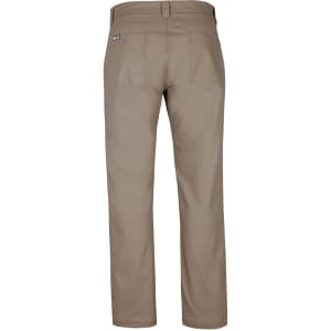 A pair of khaki stretch canvas trousers with a simple design and visible back pockets. Features a small logo.