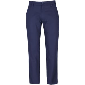 Navy blue trousers made of stretch canvas with a button closure and pockets, featuring a logo.