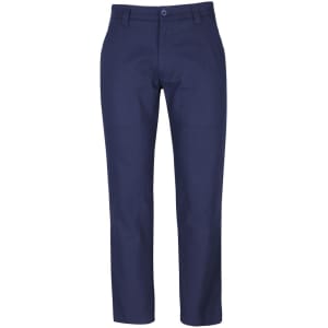 A pair of navy stretch canvas trousers with a button closure and standard pockets. The trousers have a sleek design.
