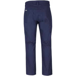 Navy stretch canvas trousers featuring two back pockets and a branded logo on the waistband.