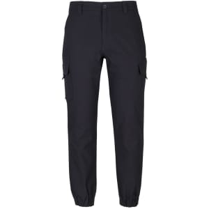 A pair of black cargo joggers with multiple pockets and elastic cuffs at the ankles. Features a branding logo.