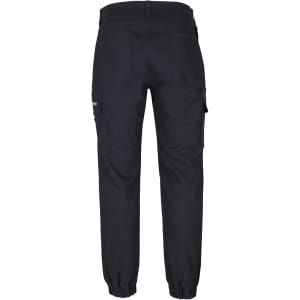 A pair of black jogger cargo pants with multiple pockets and elasticised cuffs, featuring a branded logo.