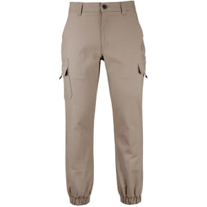 Khaki cargo joggers with multiple pockets and elastic cuffs. Features a logo on the fabric.