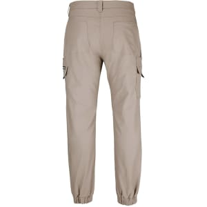 A pair of beige cargo joggers with multiple pockets, featuring elastic cuffs and a branded logo on the back.