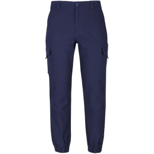 A pair of navy cargo pants with multiple pockets and elasticated cuffs. The product features a logo.