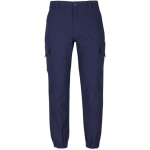 A pair of navy jogger cargo pants featuring multiple pockets and elasticated cuffs. It has a logo on it.