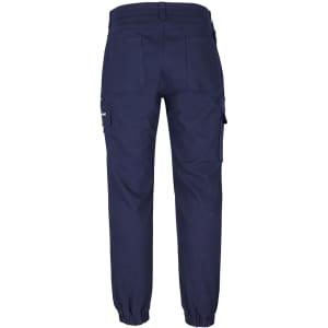 A pair of navy blue stretch canvas jogger pants featuring multiple pockets and an elasticised cuff design.
