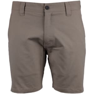 A pair of khaki dress shorts with a button and zipper closure, featuring a simple design and front pockets.