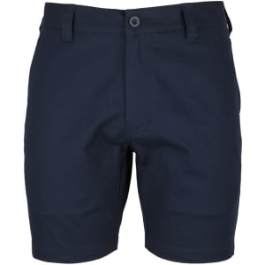 A pair of navy blue dress shorts with a button fastening and a logo on the waistband.