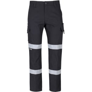 Multi-pocket stretch canvas cargo pants in black with reflective tape strips. Features a logo on the side.