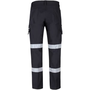 Black cargo pants with reflective tape, featuring multiple pockets and a logo, designed for durability and functionality.