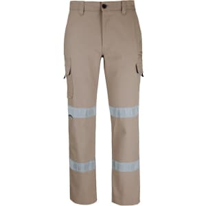 A pair of khaki cargo pants featuring reflective D+N tape, with multiple pockets and a brand logo.