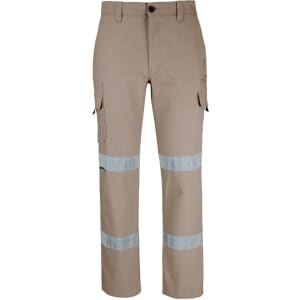 Cargo pants in tan with reflective D+N tape, featuring multiple pockets and a logo.