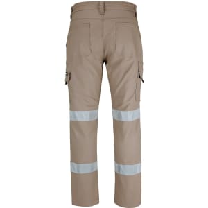 A pair of light brown cargo pants featuring reflective D+N tape across the lower legs and multiple pockets.