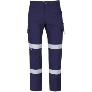 Navy cargo pants featuring reflective D+N tape, with multiple pockets and a logo on the side.