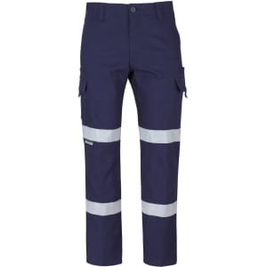 Navy blue cargo pants featuring reflective D+N tape accents and multiple pockets. Includes a logo on the side.