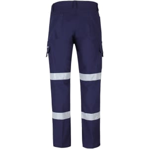 Navy cargo pants with D+N reflective tape, featuring multiple pockets and a logo on the waistband.