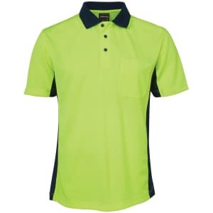 A bright yellow-green short sleeve polo shirt with a navy collar and side panels, featuring a chest pocket and a logo.