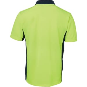 A high-visibility lime green and navy short-sleeved polo shirt with a logo. Back view displayed.