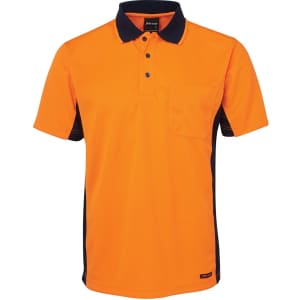 An orange and navy polo shirt, featuring a collar, buttons, and a pocket on the front. It has a logo.