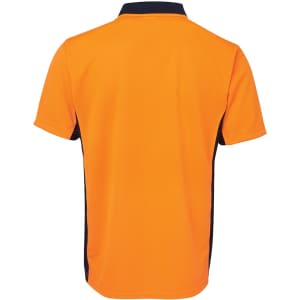 An orange short-sleeved polo shirt with navy side panels and a collar, featuring a logo on the front.