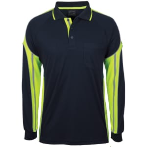 Long sleeve polo shirt in navy and high-visibility yellow, featuring a front pocket and logo branding.