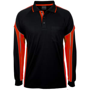 A long-sleeve polo shirt in black with red stripe detailing and a pocket on the front. Features a logo.