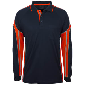 Long-sleeve polo shirt in navy blue with vivid orange stripes and a front pocket. Features a logo on the collar.