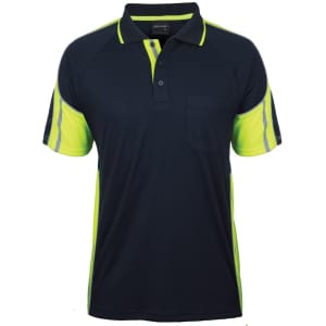 A navy blue and bright yellow polo shirt with reflective detailing and a single chest pocket. Includes branding.