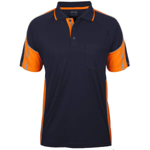 A navy and orange polo shirt featuring a chest pocket and contrast detailing. Includes a logo on the sleeve.