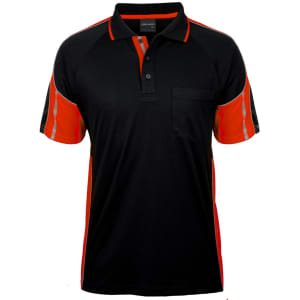 A black polo shirt with orange accents and a pocket, featuring a logo on the sleeve.