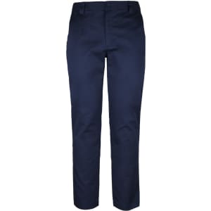 Navy stretch twill work pants with a straight fit and a waistband featuring a button closure. Includes a logo.