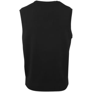 A black knitted vest with a sleeveless design, featuring a smooth texture and a simple silhouette.