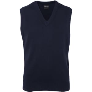 A navy blue knitted vest with a V-neck and sleeveless design, featuring a label inside.