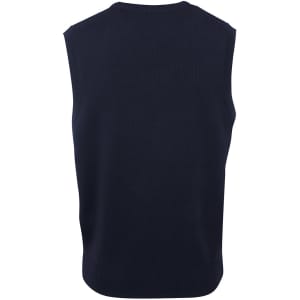 A dark navy knitted vest featuring a sleeveless design, with a subtle ribbed texture at the hem. It has a logo.