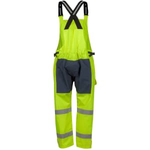 Bright yellow waterproof bib and brace with grey accents and reflective stripes, featuring adjustable straps and pockets.
