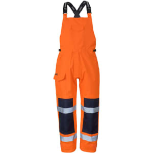 Bright orange waterproof bib and brace with navy blue reflective strips and adjustable straps. Features pockets on the front.
