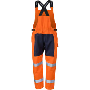 An orange bib and brace with black accents and reflective stripes, featuring shoulder straps and multiple pockets.