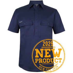 A navy short-sleeved work shirt with a close front design and two chest pockets, featuring a logo.