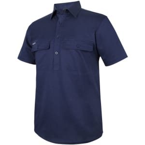 A navy short-sleeve work shirt with a close front, featuring two chest pockets and a logo.
