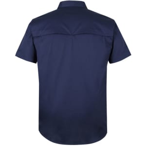 A navy blue short-sleeved work shirt with a close front, featuring a smooth back design and a logo.