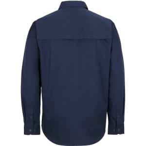A navy long-sleeve work shirt with a close front design and a back yoke, featuring buttons on the cuffs.